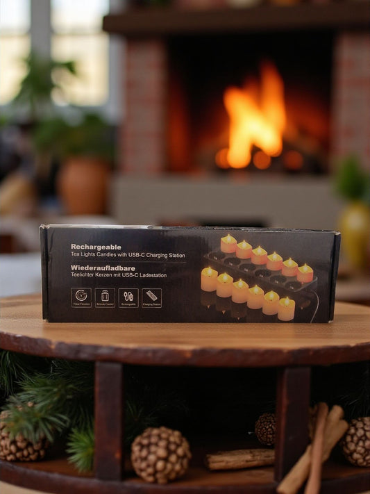 LED Teelichter Wiederaufladbar mit Timerfunktion & Ladestation / 12er Set