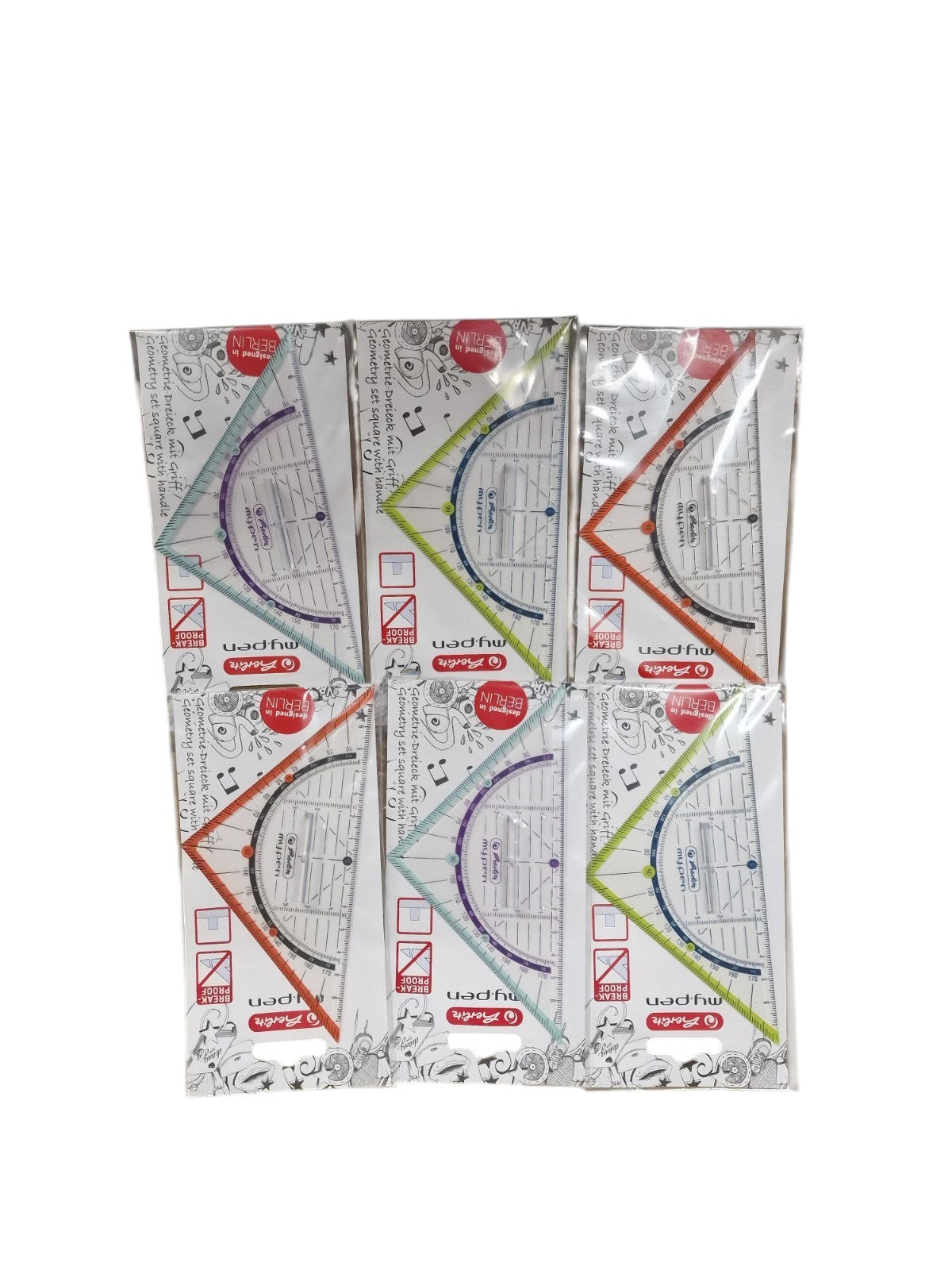 6er SET Herlitz Geodreieck / Mit Griff / OVP / Bruchsicher / Lineal / Sortiert